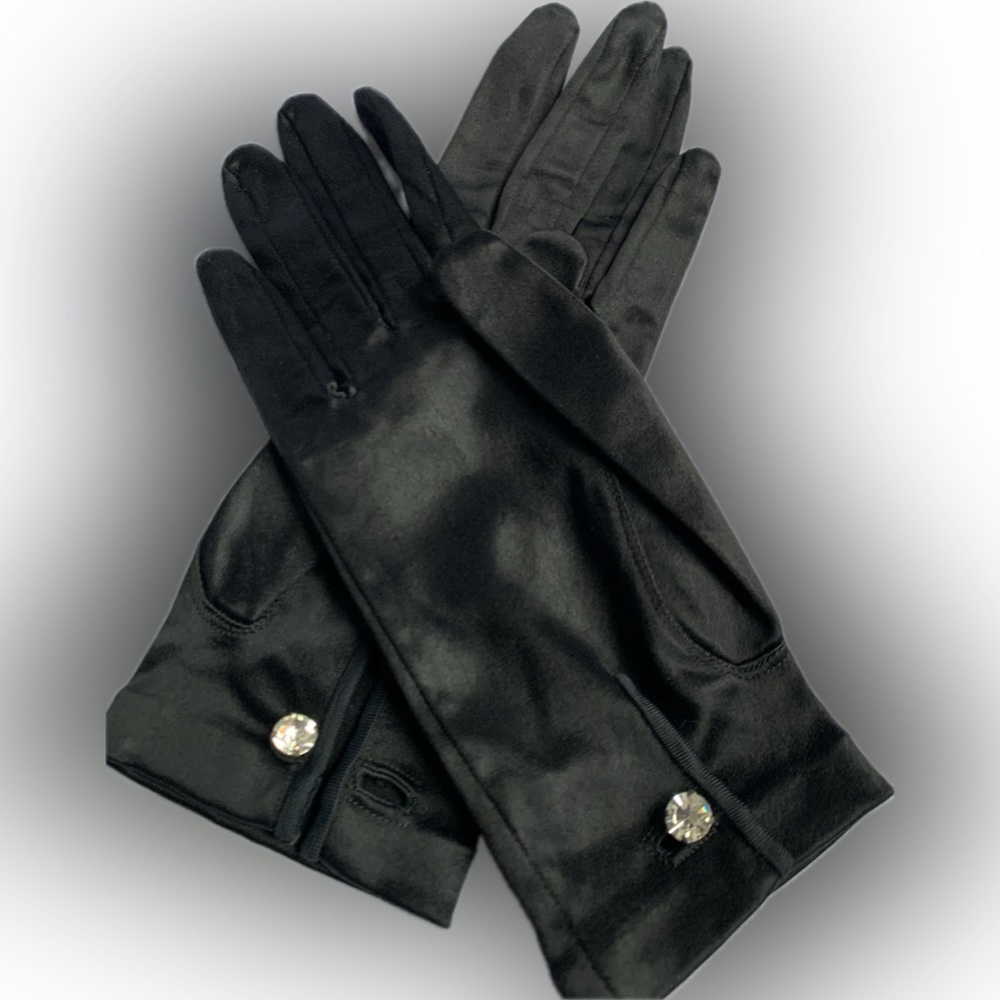 Vintage Black Satin Women’s ladies Elegant Gloves with diamond button Size Small